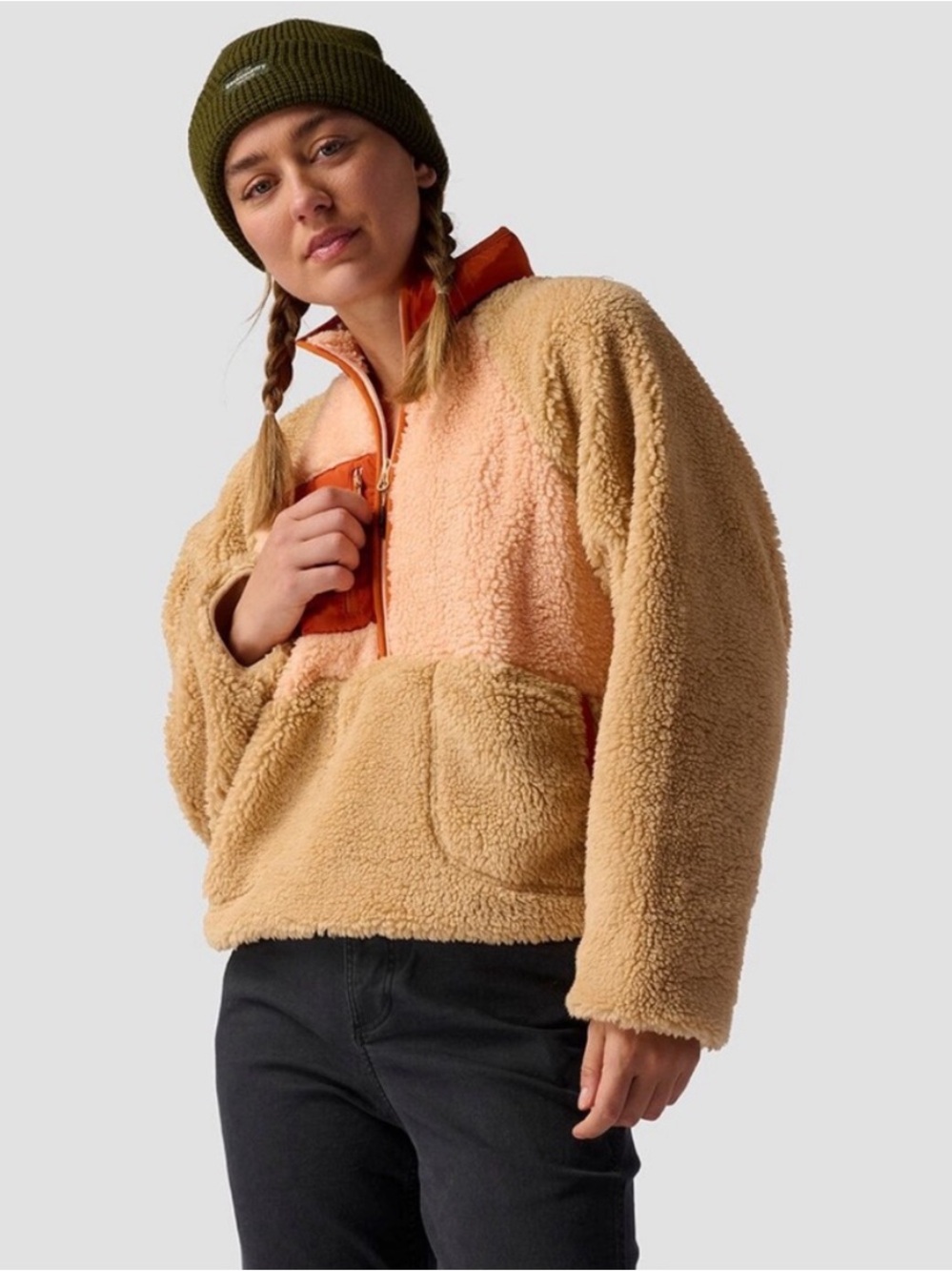 Stoic MTN 1/2 Zip High Pile Fleece Pullover Colorblock Tan Teddy Jacket Size M